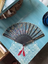 Chinese Embroidered Folding Fan Peacock Gold Floral Red Tassel Handmade