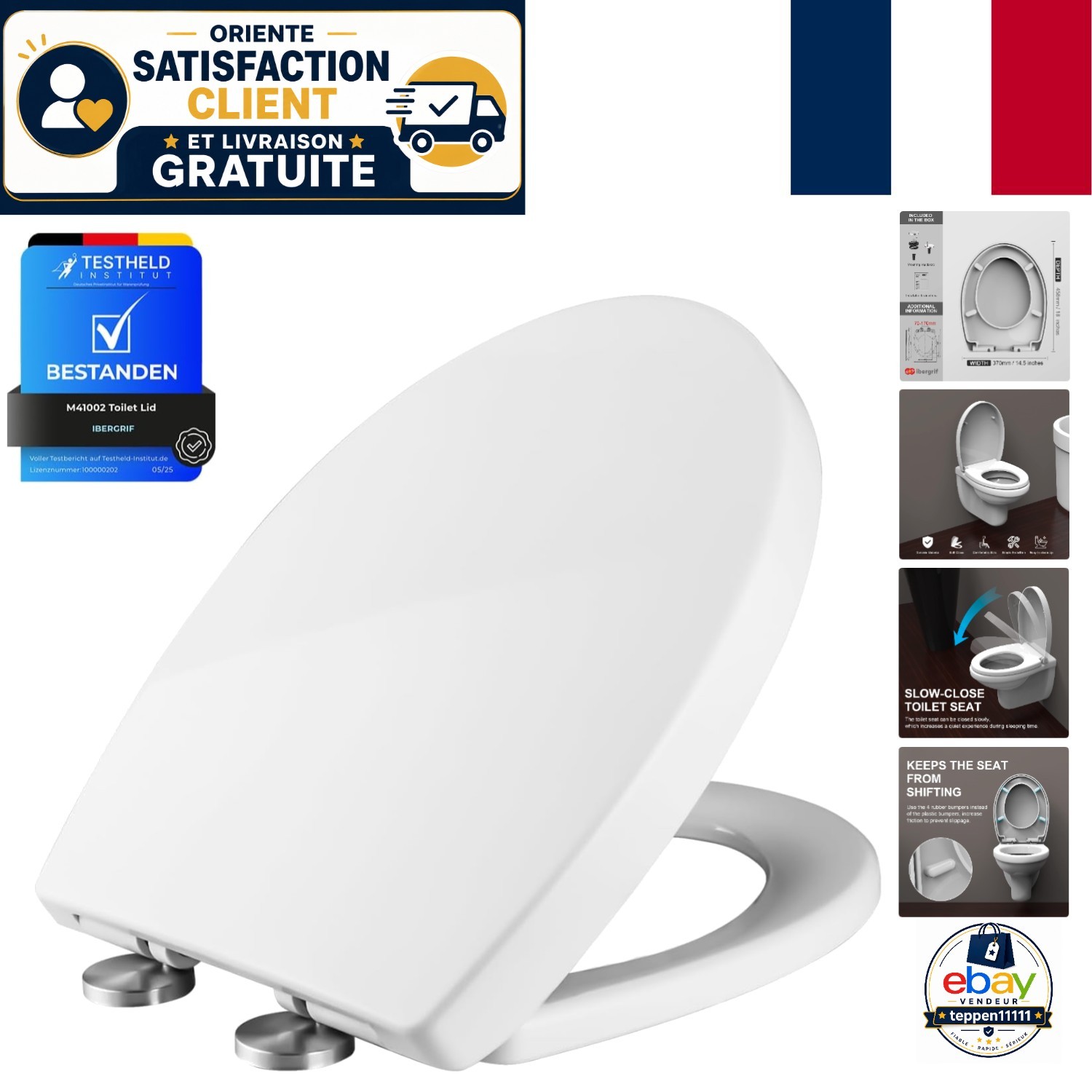 Lunette toilette universelle Ibergrif M41002 abattant WC blanc rigide