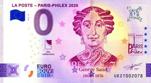 LA POSTE Paris Philex 2026, George Sand, 2026, AG, Billet Euro Souvenir