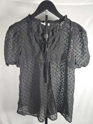 Black Swiss Dot Sheer Peasant Top Sz M Puff Sleeve Whimsigoth Dark Academia