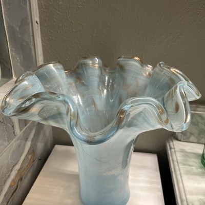 Vintage Murano Large Blue/White Gold Flakes Swirl Art Glass Vase 11 Tall Thick