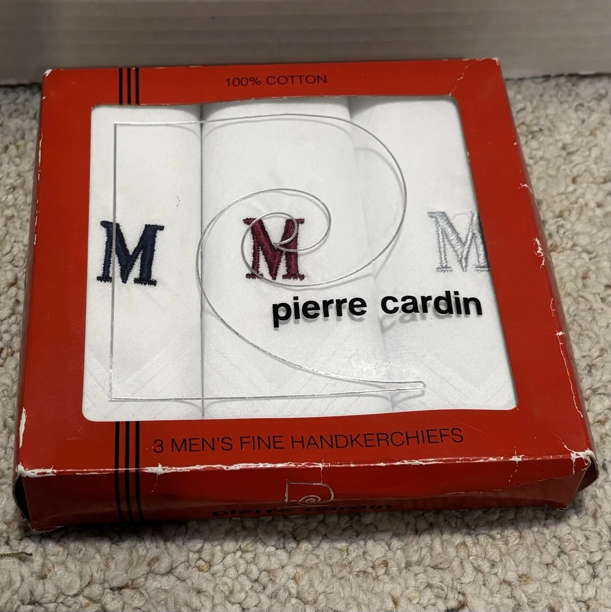 Pierre Cardin 100% Cotton Handkerchiefs (3) Monogrammed Letter M NEW IN BOX