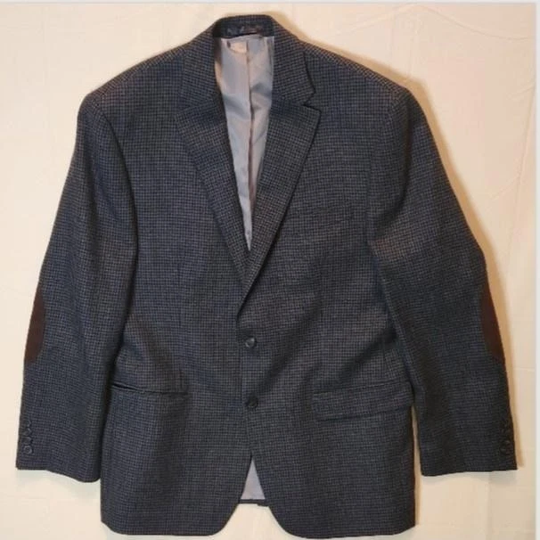 Chaps Blazer Mens 42R Gray Wool Houndstooth Elbow Patches Classic Jacket Coat