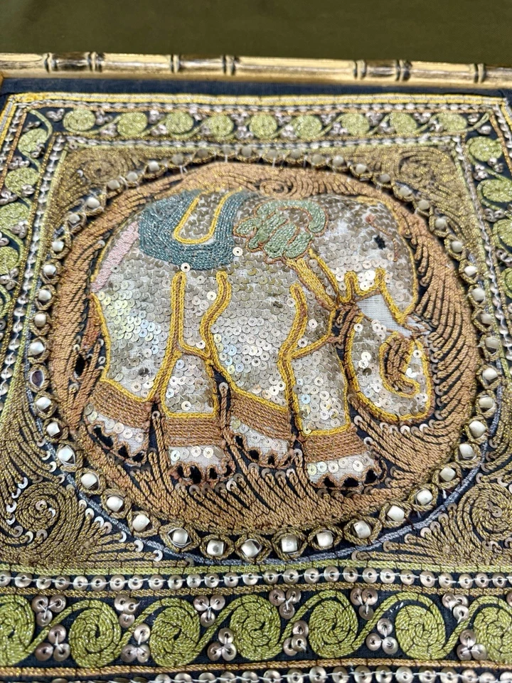 Rare Vtg Framed Beaded Kalaga Tapestry  Asian Burmese Thai India Handmade - Image 2 of 4