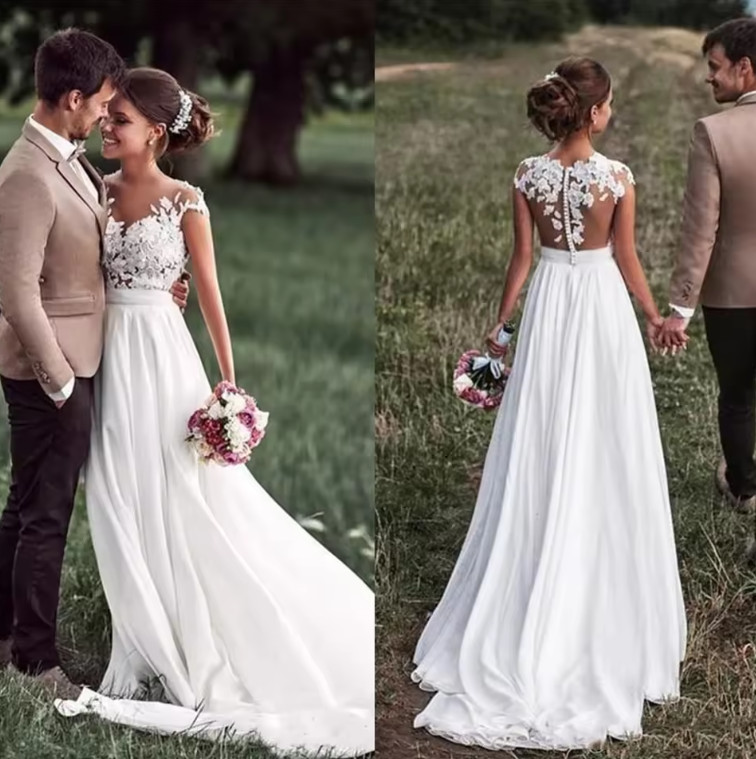 Vestido de novia con apliques de encaje de playa bohemio mangas con abertura lateral blanco boda