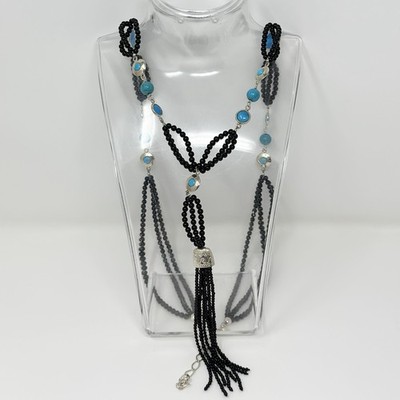 Vintage DTR Sterling Silver 925 Black Onyx & Turquoise Tassel Necklace 22-25 