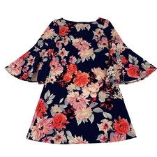 Eliza J A-Line Dress Women’s Size 4 Navy Blue Pink Floral Bell Sleeve Stretch