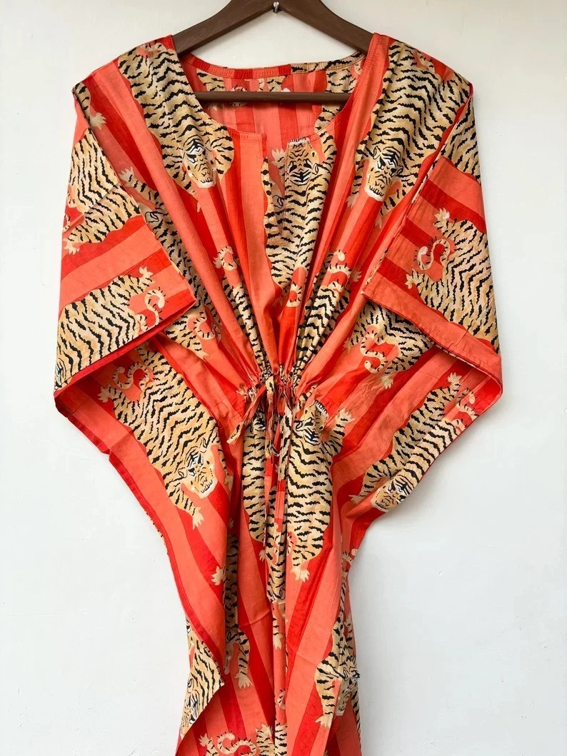 Indian Cotton Orange Tiger Printed Kaftan Gown Women's Clothing Kaftan Dress US