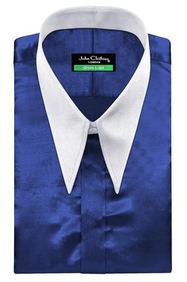 Mens Vintage Spear Point Dagger Collar Navy Blue Silk Satin Hidden Placket Shirt