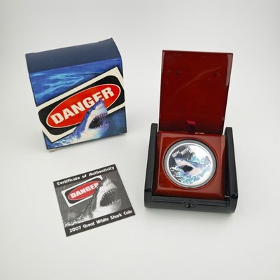 Tuvalu 1 Dollar 2007 | Danger Great White Shark | 1 Oz Silber Unze Box + CoA [92