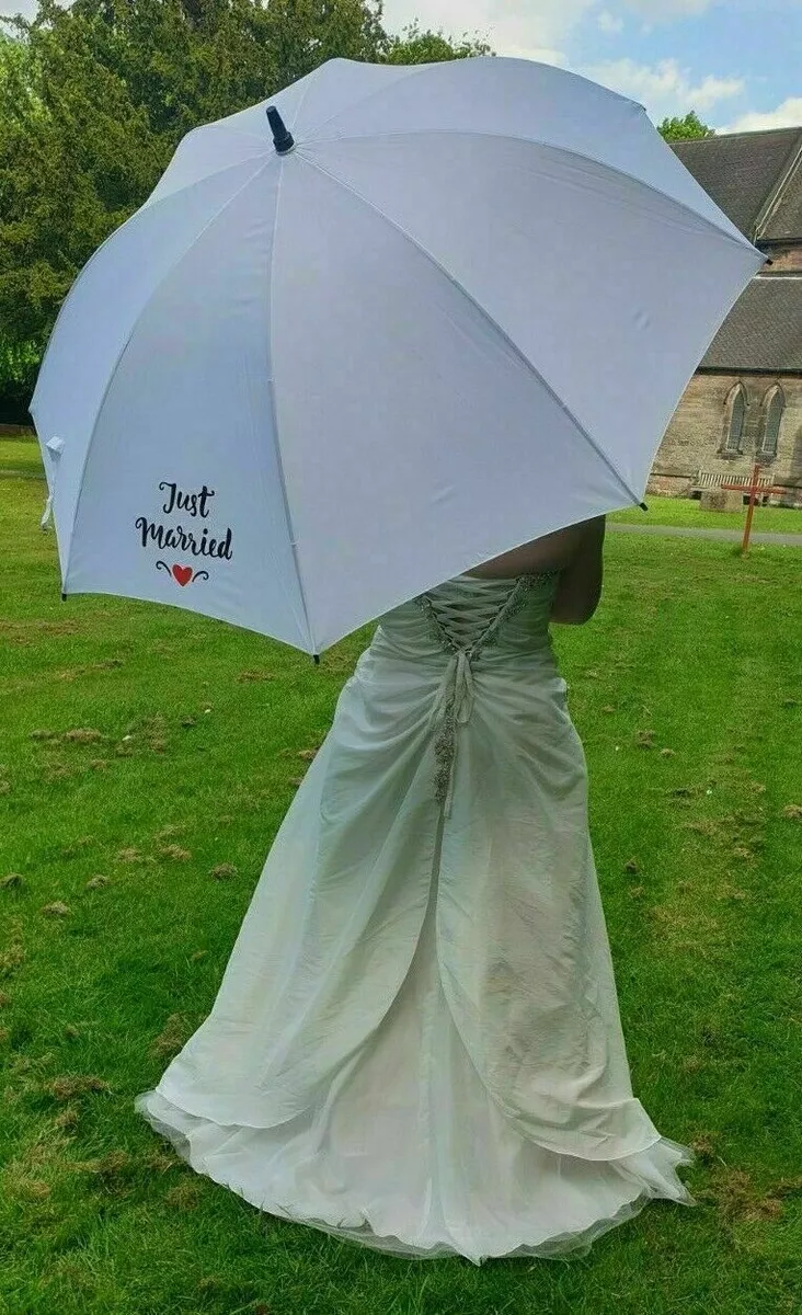 Just Married Wedding Umbrella in White - Large Size Big Enough for Bride &  Groom