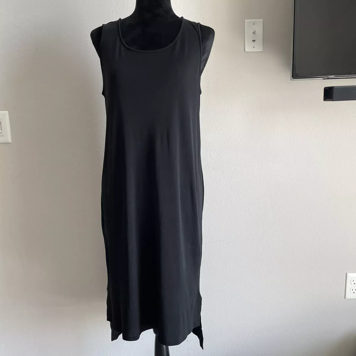 Eileen Fisher Womens 100 Silk Round Neck Tank Maxi Black Dress Sz