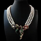 3 Strands Cultured White Pearl Cubic Zirconia Pave Pendant Statement Necklace