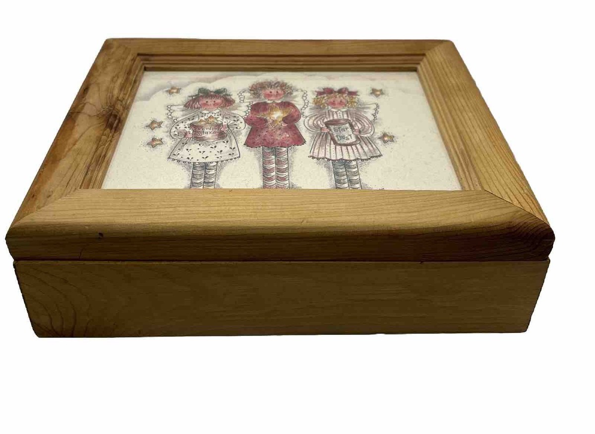 Vintage 1980s Wood Oak Trinket Box With Star Themed Doll Print On