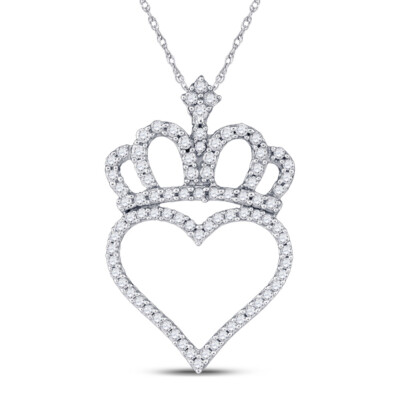L U DIAMONDS 10K White Gold Diamond Crown Heart Pendant 1/3 CT