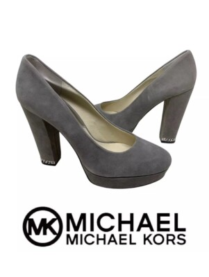 Michael Kors Sabrina Steel Gray Suede Platform Pumps Sz 8.5 Chain Detail