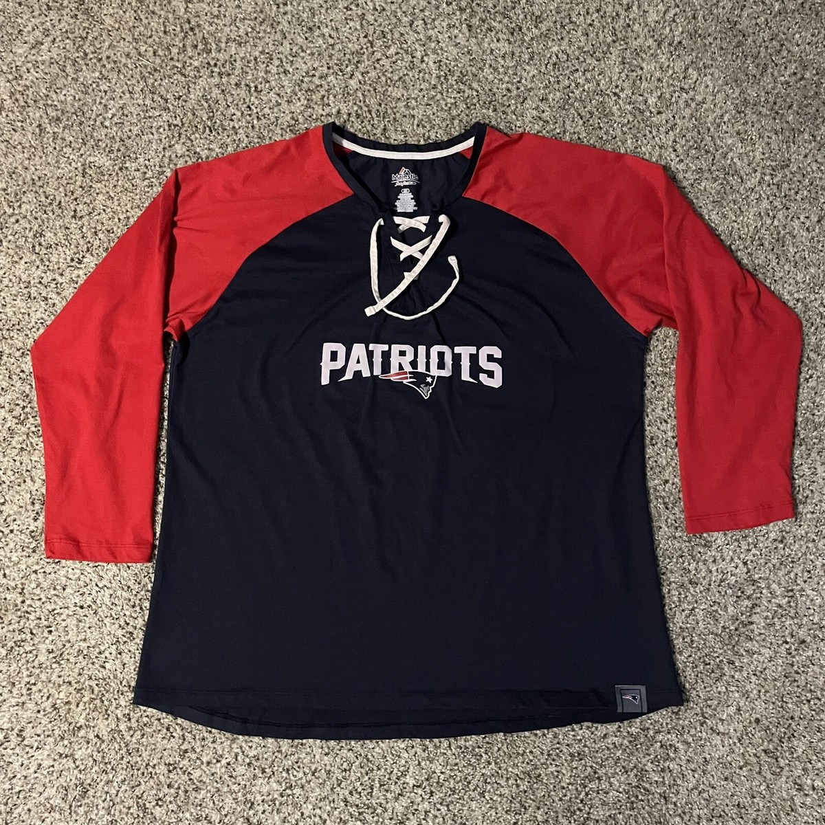 Majestic New England Patriots Women's Raglan Tee 2XL Blue Red Lace Up Shirt