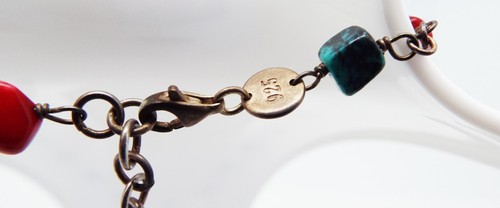 VTG 18 in STERLING SILVER BLUE GREEN TURQUOISE NUGGET & RED CORAL LINK NECKLACE - Imagen 6 de 7
