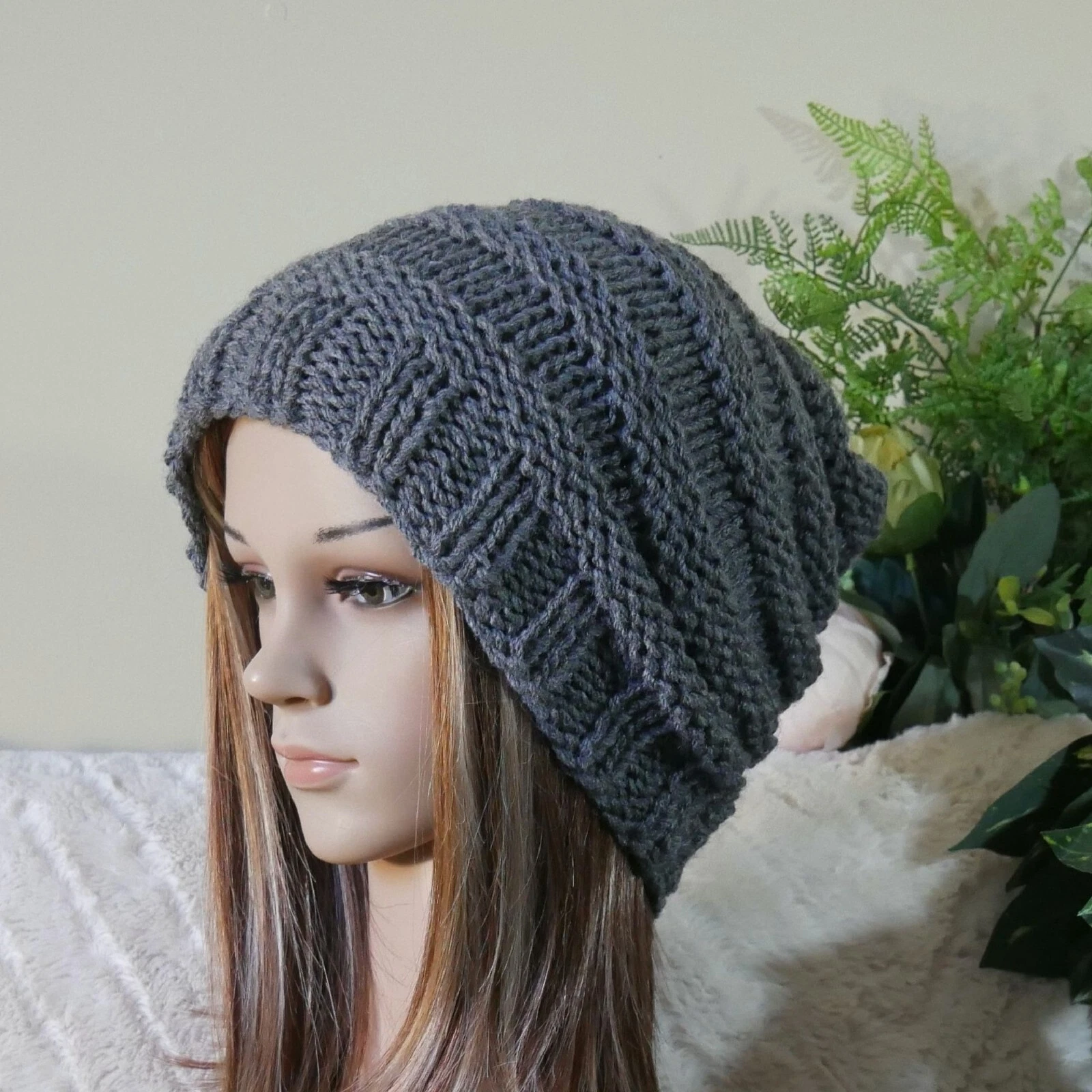 Charcoal Over Sized Baggie Slouchy, Handmade Chunky Beanie