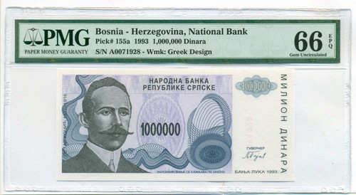 Bosnien - Herzegowina 1993 1 Million Dinara Banknote Gem Unc 66 EPQ PMG