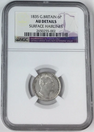 1835 Great Britain 6 Pence NGC AU Details #