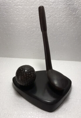 Hand Carved Wooden Golf Club and Ball Paperweight Desk Office Home Decor