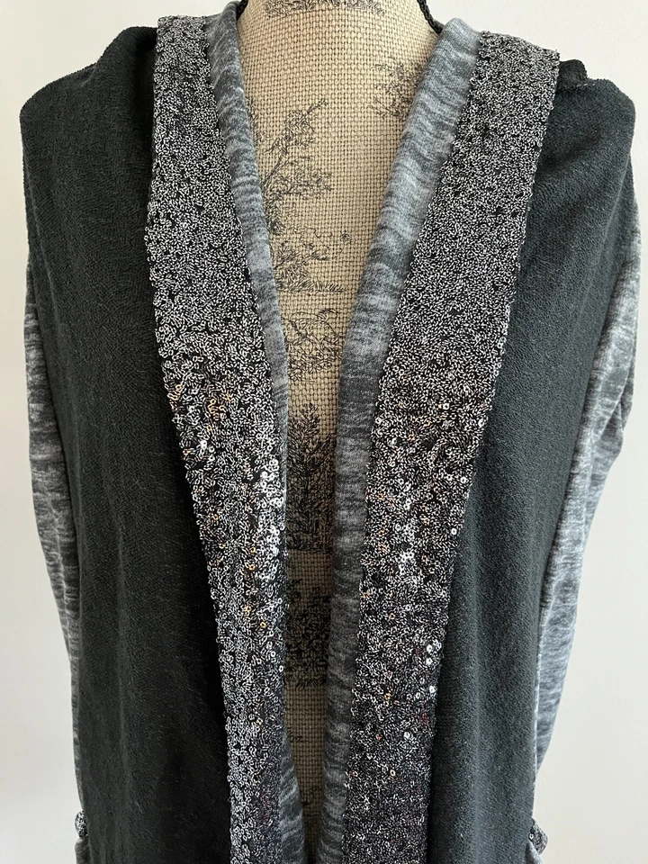 Chaleco para mujer Juicy Couture negro y gris lentejuelas talla L con capucha glamour informal fiesta Foto 3 de 4