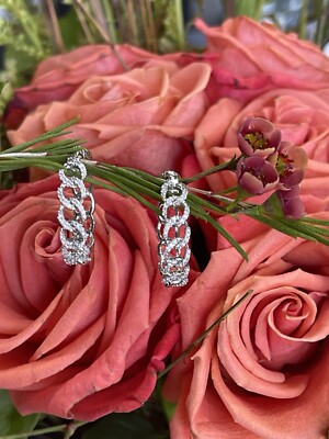 14k White Gold Diamond Curb Link Earrings