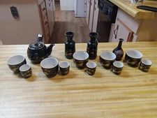 Vintage Japanese Tea And Sake Set Porcelain - Gold And Black Cranes 14 Peices