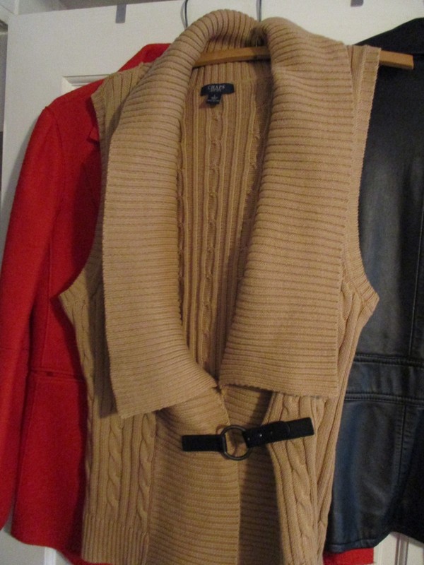 Chaps Denim Women's Tan Cable Knit Sweater Vest Shawl Collar Buckle Cotton Sz L