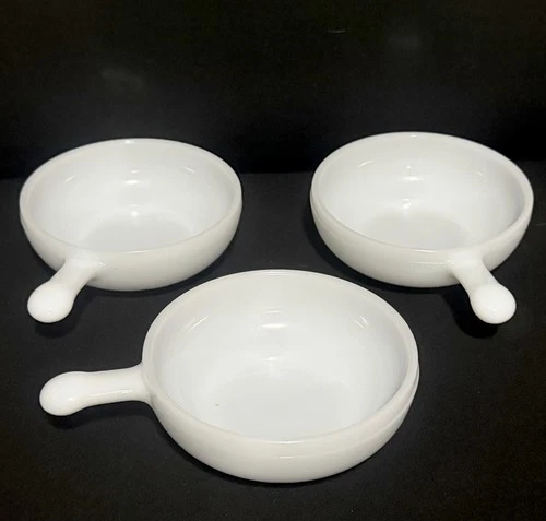 3 Vintage Glasbake Oven Proof Soup Bowls with Handle White Milk Glass