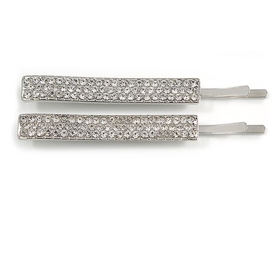2 rhodinierte klare Kristallstab Haargriffe/Gleiter - 60 mm