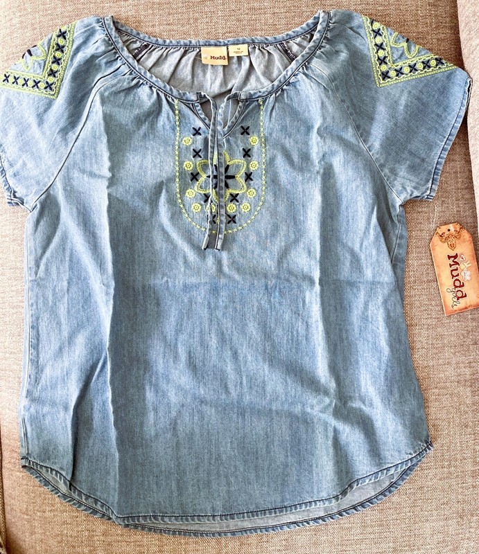 MUDD Girls BTS Chambray COTTON Embroidered TOP Peasant SHIRT Size L 12 NWT NEW!