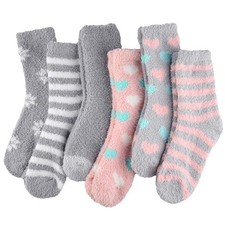 Plush Slipper Socks Women - Colorful Warm Fuzzy Crew Socks Cozy Soft Pink Grey