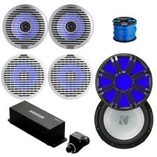 4x Kicker 6.5" Marine LED Speaker, White Silver Grille, LED Sub, Remote,Wire
