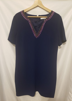 Trina Turk Heatwave Dress Sz 12 Navy Blue Bejeweled Embellished V-Neck Zip Up