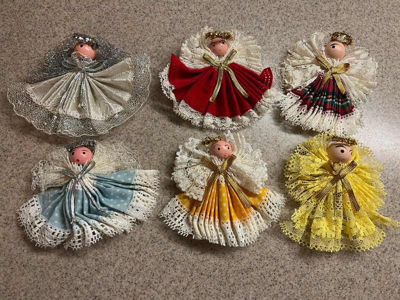6 Vintage Handmade Lace Fan Angel Ornaments Wood Bead Head Christmas Tree
