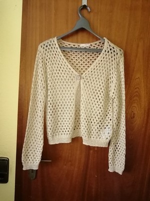 Glitzer Lurex Häckel lochmuster ajour Strickjacke Strickcardigan Cardigan gold M