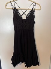 Free People ONE Adella Maxi Slip Strappy Lace Ruffle Dress Black Size Small Boho