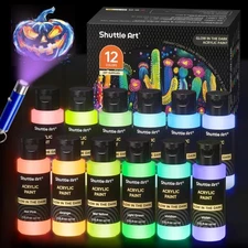 Shuttle Art Glow in the Dark Paint, 12 Colors with UV Light, 2oz/60ml Bottles,