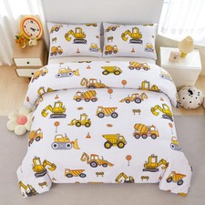Construction Twin Bedding Sets for Boys Kids Beige Cartoon Cars Excavator Tra...