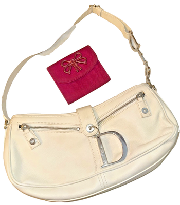 Christian Dior Vintage Logo D Silver Charm Leather White Shoulder