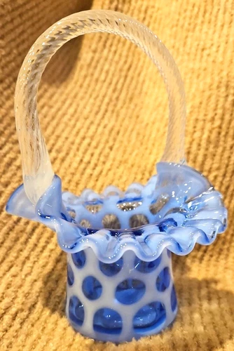Vintage Fenton Art Glass Blue Opalescent Coin Dot Top Hat Ruffled Basket Cottage