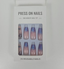 Halloween Press On Nails Coffin Long Blue Purple Spider Web Fake Nails 24