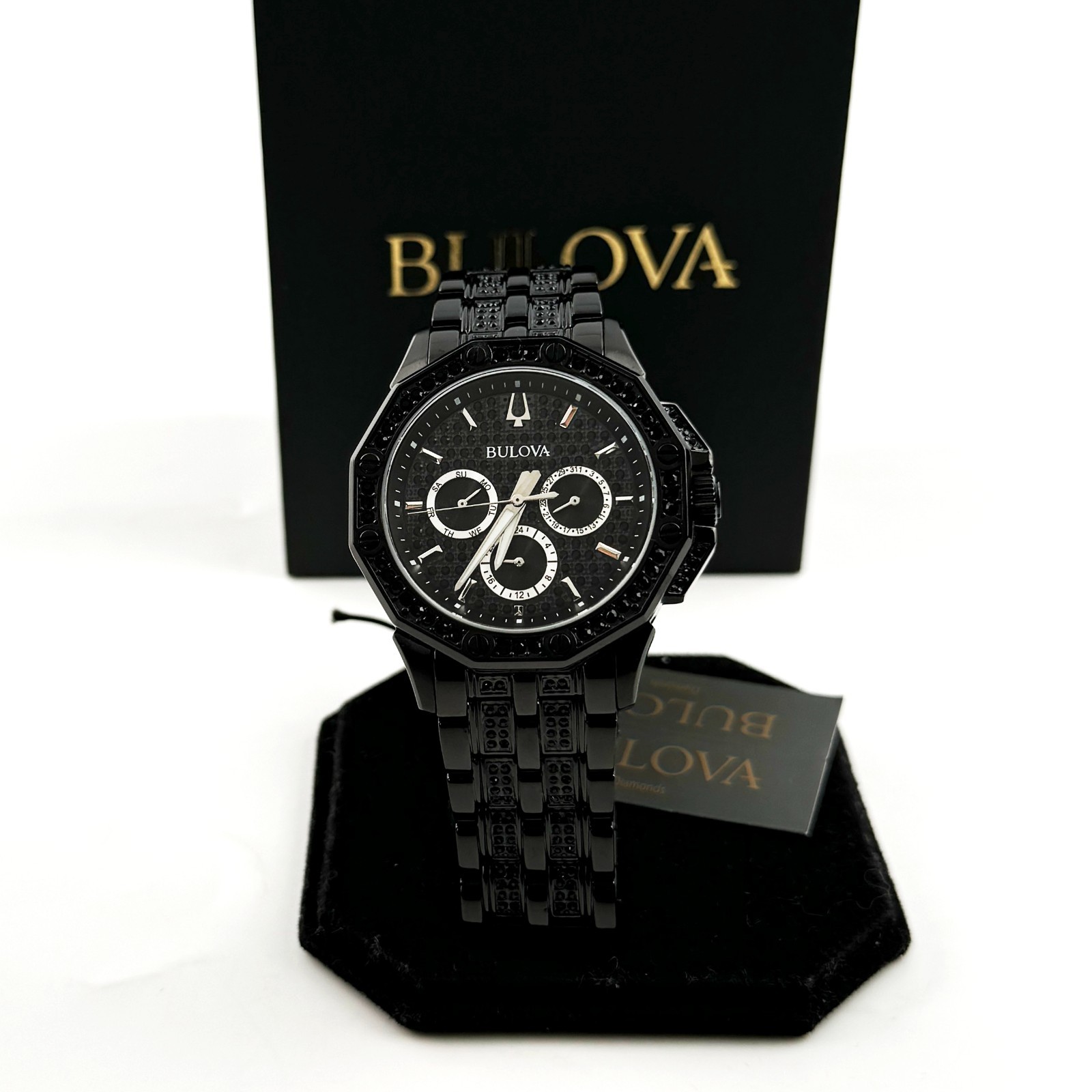 Bulova Crystal Octava 98C134 Quartz Black Pave Dial Stainless Men's Watch 41.5mm