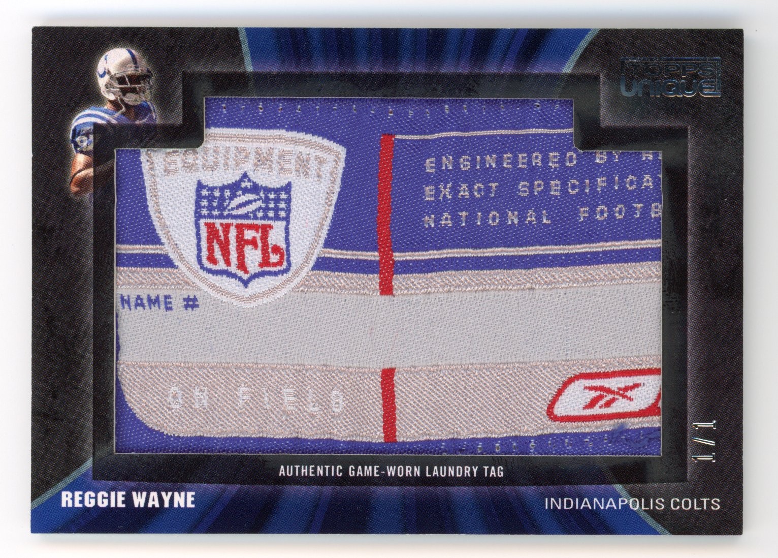 2009 TOPPS UNIQUE REGGIE WAYNE 1/1 GAME USED LAUNDRY TAG PATCH #UAT-RW1 COLTS