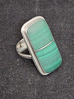 Large TAXCO AM Sterling 925 Silver Mexico Malachite Ring Eagle Head w/ 3 Stamp