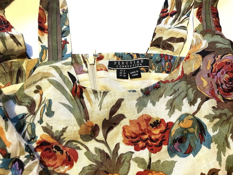 Peruvian Connection Linen Wild Flower Print Midi Dress Womens Sz 6 Zip Zip Back - Image 3 of 4