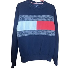 Tommy Hilfiger Men's Sweater L Navy Blue Fair Isle Stripe Crewneck 100 Cotton