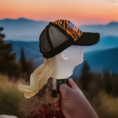 Mens Trucker Cap w/ Blonde Ponytail Hair USA Flag Tiger Mesh